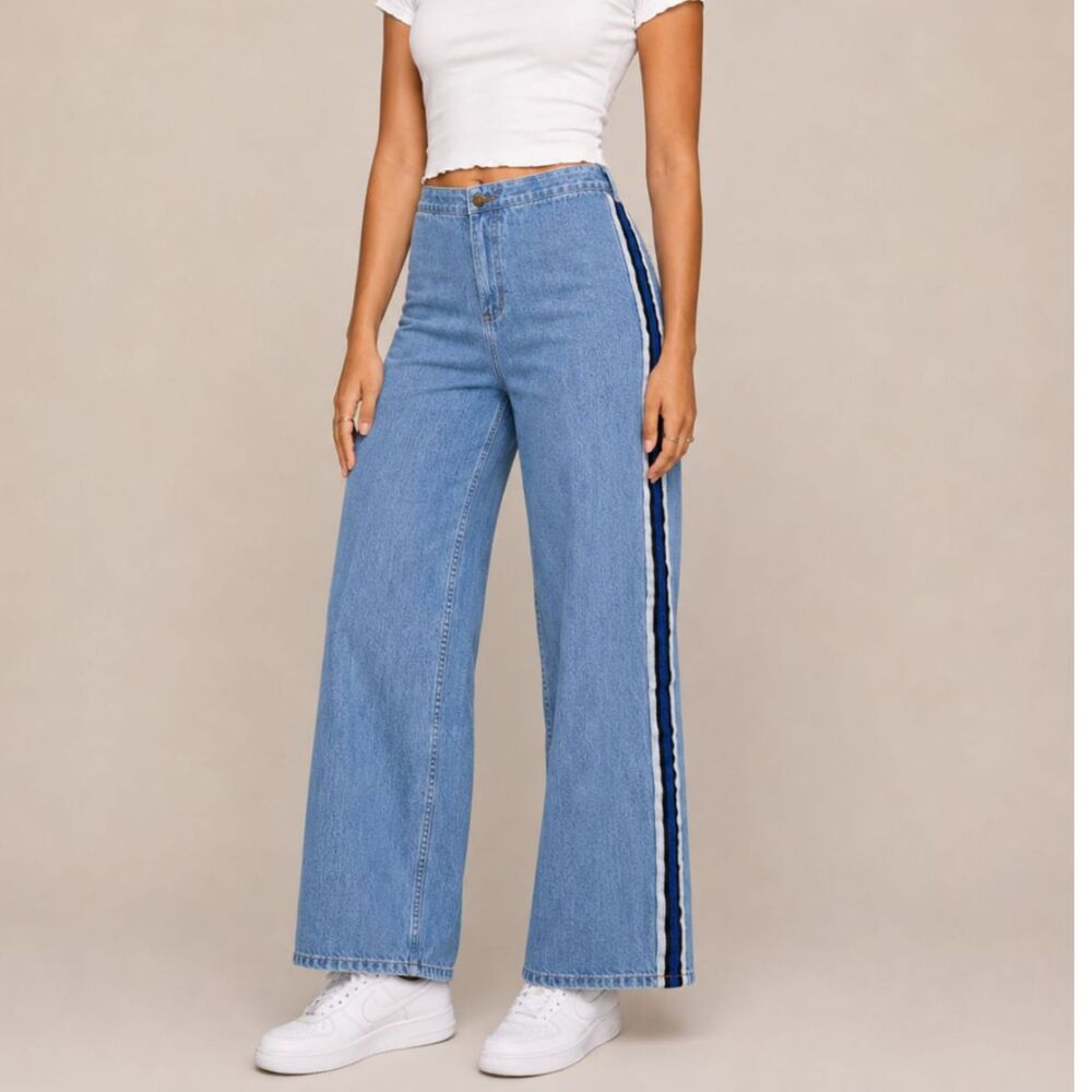 Vintage 90s Four 2 One Jeans 11 Side Stripe Wide Leg USA Made Y2K